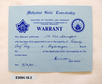 Certificate - Methodist Girls' Comradeship Warrant, Mrs Win Mountford
