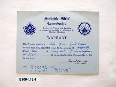 Certificate - Methodist Girls' Comradeship Warrant, Miss Jan Woolhouse