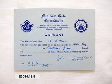 Certificate - Methodist Girls' Comradeship Warrant, Mrs R Grose
