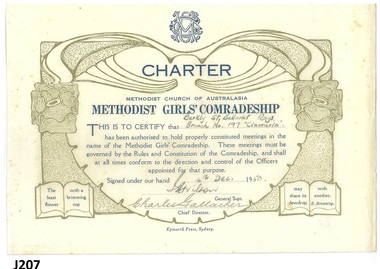 Certificate - Methodist Girls' Comradeship, Epworth Press, Charter Barkly St. Ballarat Rays Branch Cinararia 197, 1966