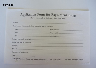 Document - Application form, Rays' Merit badge