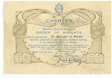 Certificate - Order of Knights, Epworth Press, Charter The High Court of Victoria