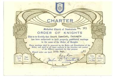 Certificate - Order of Knights, Epworth Press, Charter Court Camelot Carnegie