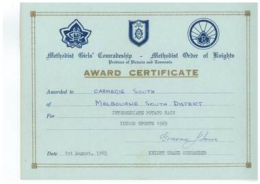 Certificate - Methodist Girls' Comradeship Methodist Order of Knights Province of Victoria and Tasmania, Award certificate Carnegie South District