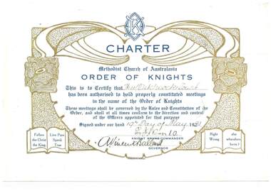 Certificate - Order of Knights, Epworth Press, Charter The Hitchcock Court