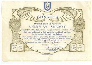 Certificate - Order of Knights, Epworth Press, Charter Court Hamlyn Heights Esquires 348