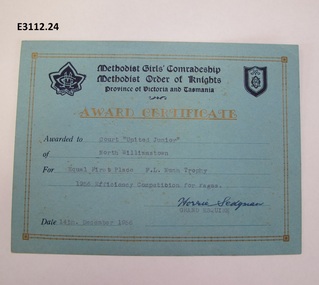 Certificate - Methodist Girls' Comradeship Methodist Order of Knights Province of Victoria and Tasmania, Award certificate