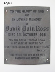 Plaque, Kew Presbyterian Church, 1938