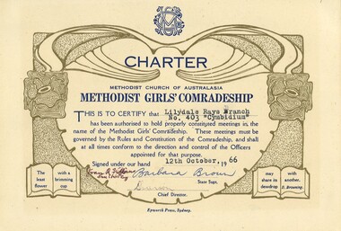 Certificate - Methodist Girls' Comradeship, Charter Lilydale Rays No 403, 1966