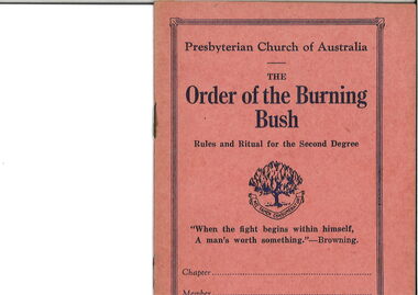 Booklet, Presbyterian Board of Religious Education, The Orders of the Burning Bush and Covenant Rules and Ritual for the Second Degree