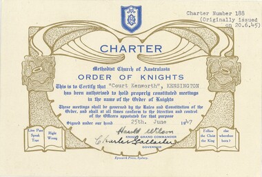 Certificate - Methodist Order of Knights, Charter Court Kenworth No 188