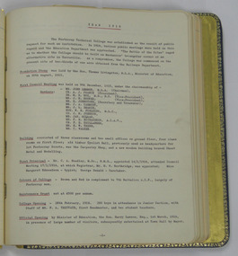 Log Book, Log Book Footscray Technical College Log Book 1916-1965. Page 1 of first entry relating to Footscray Technical School, 1916, c. 1958