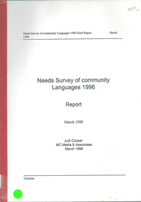 Book, Judi Cooper, Needs survey of community languages 1996 : report : March 1998, 1998