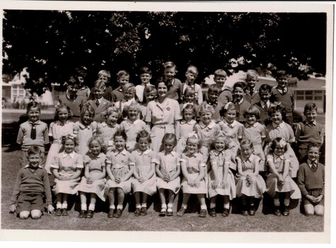 Thirty-nine students in uniforms organised into four rows posing for a class picture with their teacher in the centre. The entire class is standing underneath a tree.