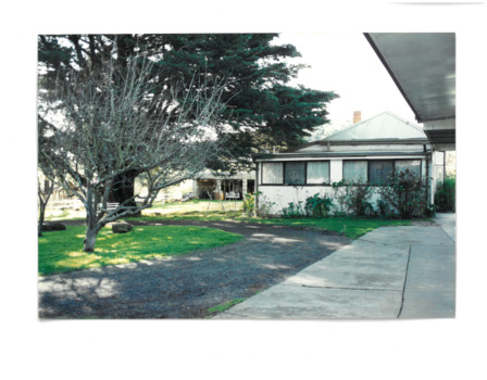 Exterior of a house, with a concrete driveway to the right of photo and a couple of large trees to the left and the house exterior in the background of the image.