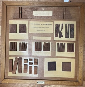 Mixed media - Moisture control samples board, Kiln Seasoning & Reconditioning: specimens illustrating process control and finished product