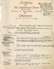 Book - Manuscript, Synopsis of the indigenous plants occurring within a 10-miles radius of Creswick, Victoria, Australia, 1934