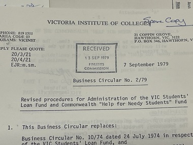 Administrative record - Victorian Institute of Colleges Business and Information Circulars 1974-1979, Victorian Institute of Colleges, Victorian Institute of Colleges Business Circular