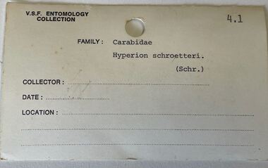 Card - VSF Entomology Collection Card index, Victorian School of Forestry