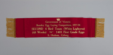 Award - Sash, Second place sash - Government of Victoria Burnley Egg Laying Competition, 1958