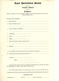 Document - Forms, Royal Horticultural Society, Royal Horticultural Sociewty Plant Trial Forms, Unknown