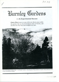 Article, Claire Pitts, Burnley Gardens - an Experimental Success, c. 1991