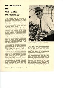 Article - Journal Extract, Journal of Agriculture, Retirement of Mr. Jack Plumridge, 1966