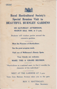 Document - Invitation, Royal Horticultural Society, Royal Horticultural Society's Special Reunion Visit to Beautiful Burnley Gardens, 22.03.1930