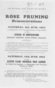 Flyer - Photocopy, scanned, Rose pruning demonstrations, 1953