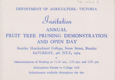 Document, Department of Agriculture, Annual fruit tree pruning demonstration and Open Day, 1964