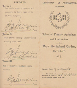 Card - Report Card, Dept of Agriculture, Victoria, School of Primary Agriculture and Horticulture at the Royal Horticultural Gardens, Burnley, 1939