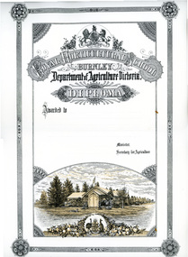 Certificate - Award Certificate, Ruth Waters et al, Royal Horticultural School, Burnley, Department of Agriculture Victoria Diploma, c. 1891