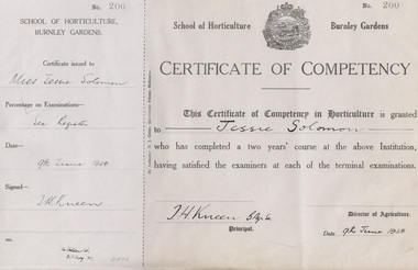 Certificate - Used certificate booklet, Dept of Agriculture, Victoria, Department of Agriculture, Victoria, School of Horticulture, Burnley, Certificate of Competency, 1938-1948