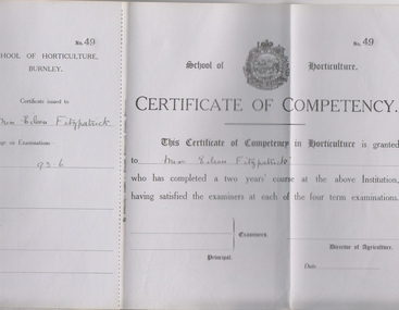 Certificate - Award Certificate, Dept of Agriculture, Victoria, School of Horticulture, Burnley Certificate of Competency in Horticulture, 1913-1926