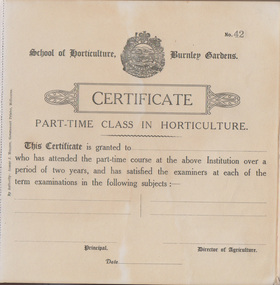 Book - Award Certificate, Dept of Agriculture, Victoria, Register of Certificates Part-time Class in Horticulture 1917-1937, unused certificates remain, 1917-1937