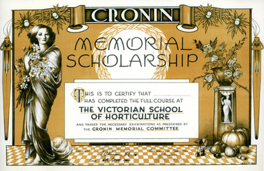 Certificate - Award Certificate, H.S. Coe, Cronin Memorial Scholarship Certificate unused framed, 1935