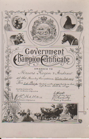 Certificate - Award Certificate, Government Champion Certificate 1917 postcard reproduction, 1917