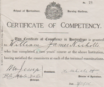 Certificate - Award Certificate, Department of Agriculture, Victoria, Department of Agriculture, Victoria, School of Horticulture, Burnley Gardens, Certificate of Competency, 1935