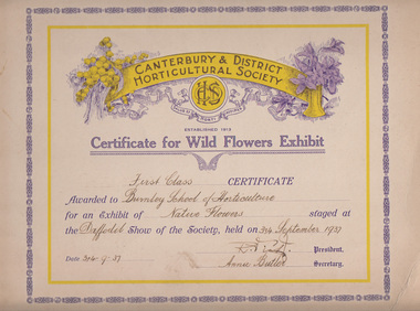 Certificate - Award Certificate, Canterbury & District Horticultural Society, Canterbury and District Horticultural Society Certificate for Wild Flowers Exhibit 1937, 1937
