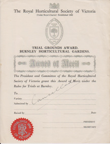 Certificate - Award Certificate, Royal Horticultural Society of Victoria, The Royal Horticultural Society of Victoria, Trial Grounds Award, Burnley Horticultural Gardens Award of Merit Cancelled