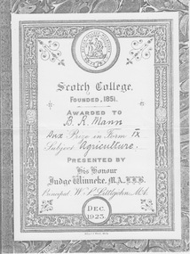 Certificate - Award Certificates, Scotch College, Scotch College Awards for Agriculture 1923 1924 copies with letter to VCAH, 1923-1992
