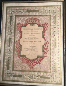 Certificate, Intercolonial Exhibition of Australasia, 1866-1867