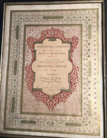 Certificate - Award Certificate, Intercolonial Exhibition of Australasia Melbourne 1866-7 Honorable Mention Award to J. Scott. Framed Certificate, 1866-1867