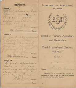 Card - Report Card, Department of Agriculture, Victoria BSH, School of Primary Agriculture and Horticulture at the Royal Horticulture Gardens, Burnley, Report Cards, 1929-1931