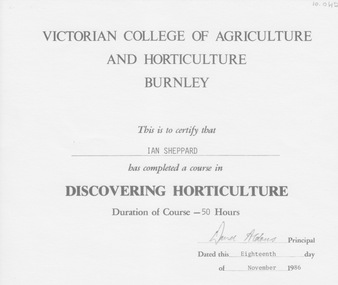 Certificate, Victorian College of Agriculture and Horticulture Discovering Horticulture, 1986