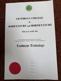 Certificate - Award Certificates, VCAH Burnley Certificate for Landscape Technology, c. 1983-1996