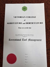 Certificate - Award Certificates, VCAH Burnley Certificate for Recreational Turf Management, c. 1983-1996