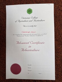 Certificate - Award Certificate, VCAH Burnley Certificate for Advanced Certificate in Arboriculture, c. 1983 -1996