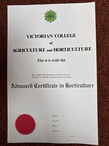 Certificate - Award Certificates, VCAH Burnley Certificate for Advanced Certificate in Horticulture, c. 1983 -1996