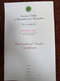 Certificate - Award Certificates, VCAH Burnley Horticultural Studies Certificate, c. 1983 -1996
